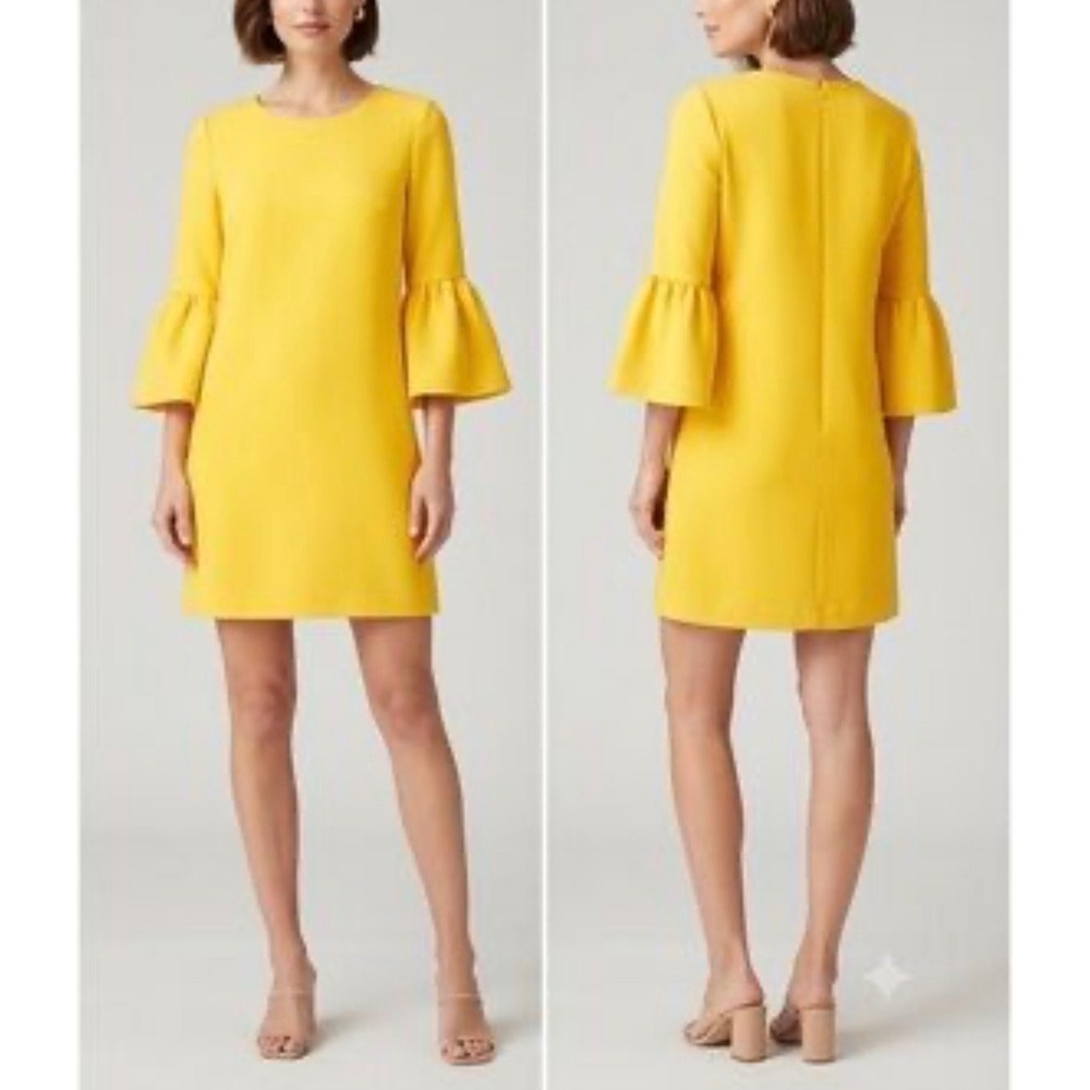 Zara Bell Sleeve Shift Dress Womens XS Yellow Ruffle Mini Mod Contemporary